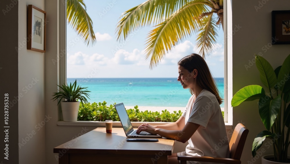 Digital nomad works at tropical beachside caf relaxing amidst palms ocean views under bright skies Digital nomad works at tropical beachside caf relaxing amidst palms ocean views under bright skies
