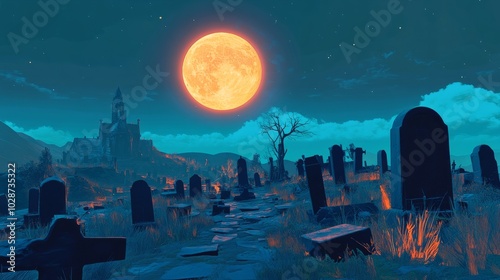 scary night in graveyard with big moon. scary halloween night illustration