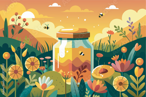 A serene scene in a flower-filled field with a jar of honey, bees, and beautiful sunset sky with mountains and cotton candy clouds.