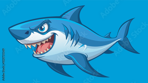 Cartoon shark illustration on light cyan background, fierce with blue stripes, sharp teeth, slanting eyes, and visible fins in a framed border. photo