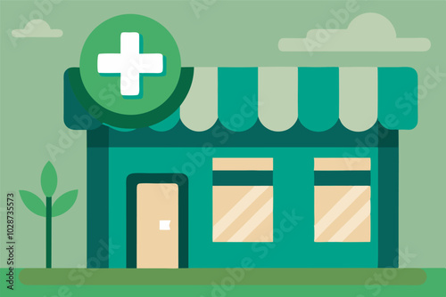 Illustration of a green pharmacy with white cross sign, windows, and potted plant against green background with clouds.
