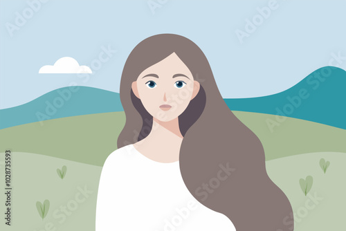 Digital illustration of a calm woman in a green landscape, mountains in the background. Simple color palette, serene atmosphere.