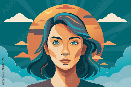 Digital portrait of a serious woman with dark hair against an orange and blue sunset background. Minimalist pop art aesthetic with simple shapes.