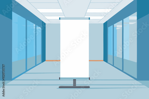 Image shows an empty office with light blue walls, large windows, and a white banner on a brown stand. Dark gray tiles add to the professional feel,