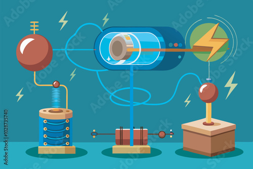 A futuristic lab setup with electrical circuit theme features a motor, generator, transformer, and electrolysis apparatus. Lightning bolts and current flow add an educational touch