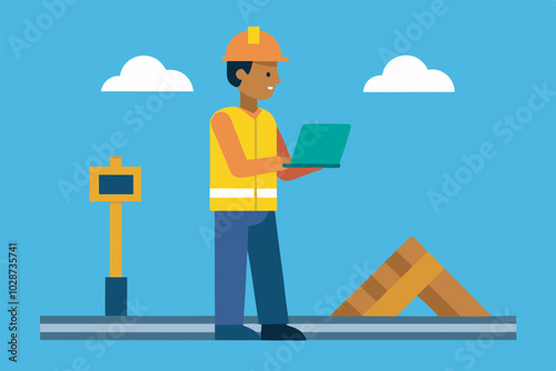 A black construction worker in a yellow vest smiles on-site with a green laptop showing child-like images. Tools and bricks adorn the cartoonish construction-themed background.