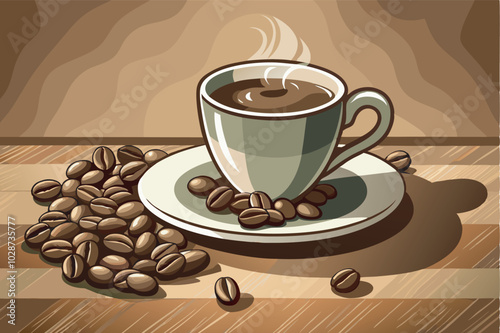 A steaming cup of coffee on a saucer, surrounded by coffee beans on a wooden table. Illuminated by light, creating a cozy ambiance.