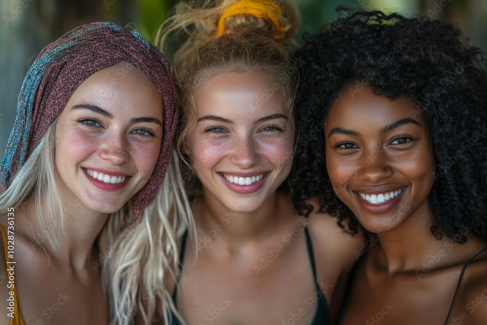 Portrait of women with different skin tones smiling at the camera, Generative AI Portrait of women with different skin tones smiling at the camera, Generative AI