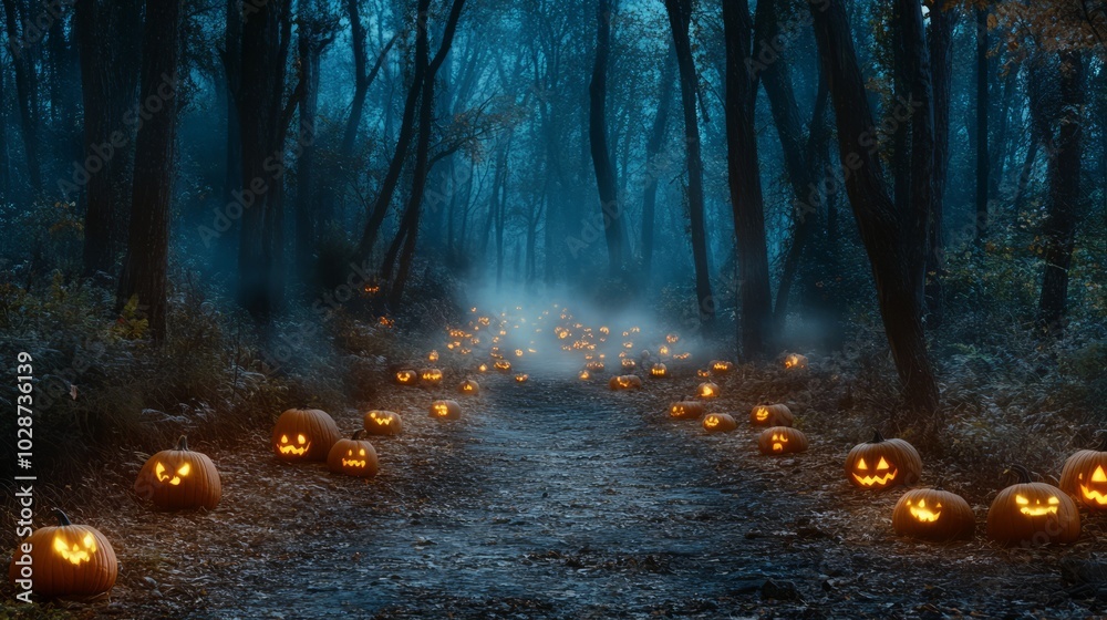 Obraz premium scary and spooky path in the forest with lightining pumpkins