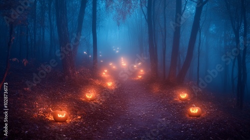 scary and spooky path in the forest with lightining pumpkins