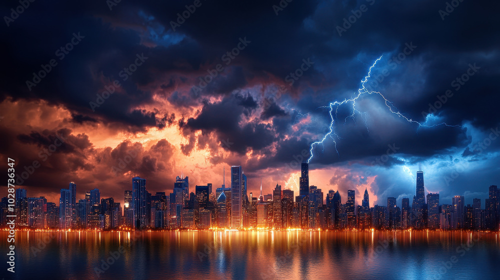 Obraz premium Dramatic skyline at twilight with dark storm clouds and lightning illuminating the cityscape over a reflective water surface