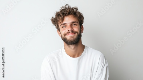 A young man with a beard and curly hair smiles warmly against a neutral background in a casual white shirt