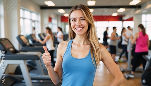 Lively watercolor-style illustration featuring a woman giving a thumbs-up at the gym with treadmill users in the backdrop