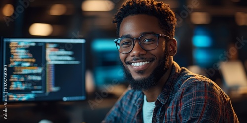 Happy young programmer smiling while working, Generative AI