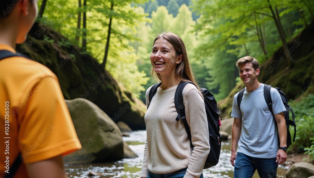 A young adult woman smiles happily while hiking with her friends wearing a thin sweater and carrying a hiking pack alongside another woman and a man A young adult woman smiles happily while hiking with her friends wearing a thin sweater and carrying a hiking pack alongside another woman and a man
