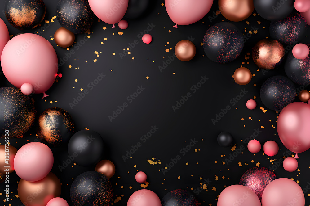 3d gold, pink and black balloons frame on black background. Birthday card with copy space 3d gold, pink and black balloons frame on black background. Birthday card with copy space