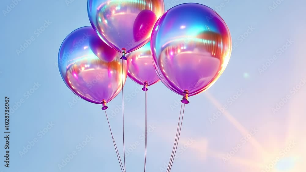 Three iridescent balloons float in a blue sky Three iridescent balloons float in a blue sky