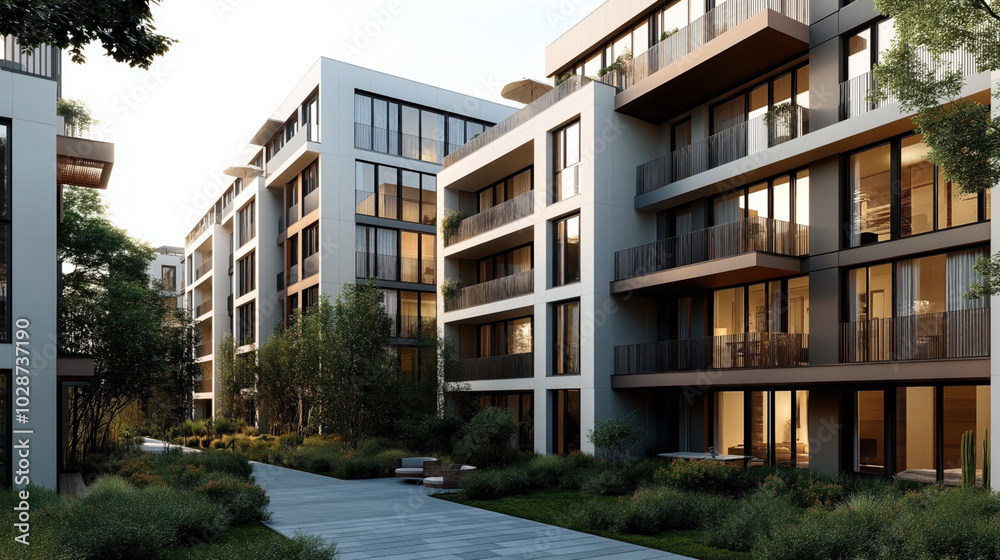 Modern residential apartment buildings with large windows and balconies, surrounded by landscaped greenery and a pathway. Modern residential apartment buildings with large windows and balconies, surrounded by landscaped greenery and a pathway.