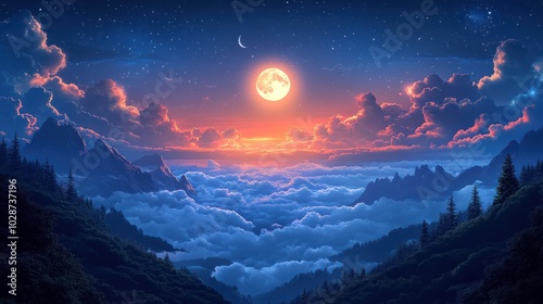 Beautiful magical blue night sky with clouds, moon and stars