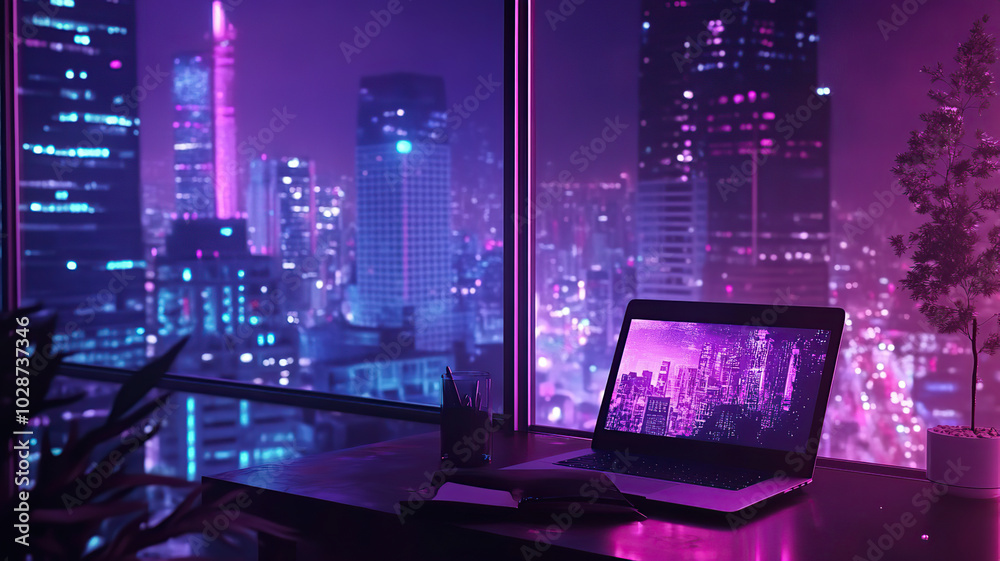 futuristic laptop room at rain time lofi loop animation futuristic laptop room at rain time lofi loop animation
