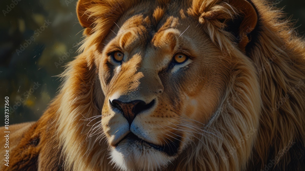 Fototapeta premium a majestic lion, its piercing eyes and tawny mane exuding an aura of power and regality. The sunlight bathes its golden fur, highlighting the intricate patterns and textures.