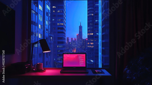 Lofi living room with laptop and study table at morning