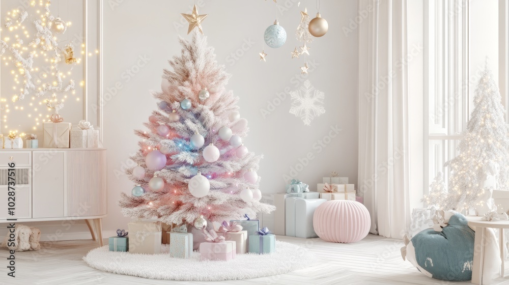 white christmas tree with gift boxes and decorations white christmas tree with gift boxes and decorations