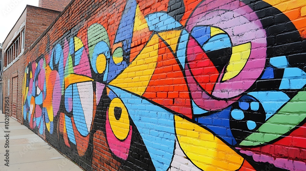 A colorful geometric mural painted on a brick wall. A colorful geometric mural painted on a brick wall.