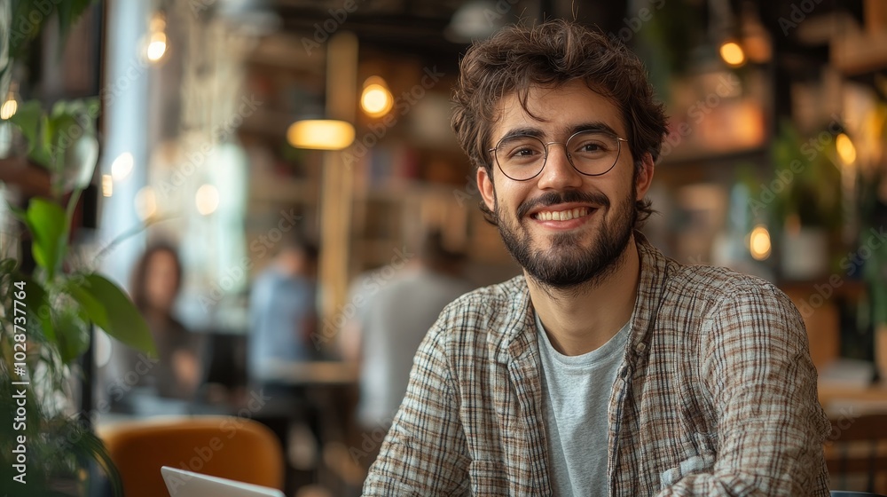 Young entrepreneur working happily in a busy coworking space, Generative AI