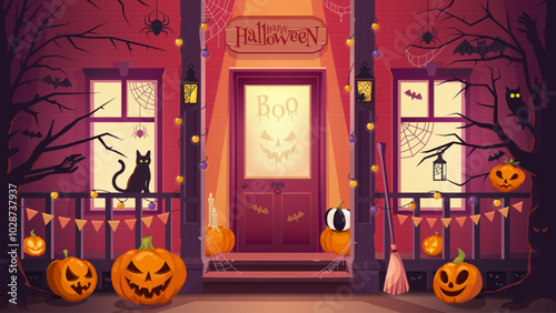 Halloween door porch with spooky pumpkins and scary boo ghosts silhouette on window, vector background. Haunted house with monster decorations for Halloween night holiday and trick or treat party