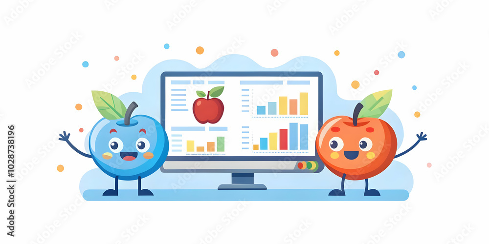 Fototapeta premium Fruity Financial Data Analysis: Two Analytical Fruits Examine Financial Data on Large Screens with Soft Abstract Bokeh Background for Precision and Teamwork in Photo Stock Concept