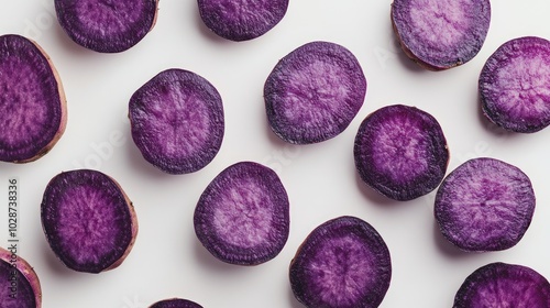 Purple Potato Slices Arranged on a White Background photo