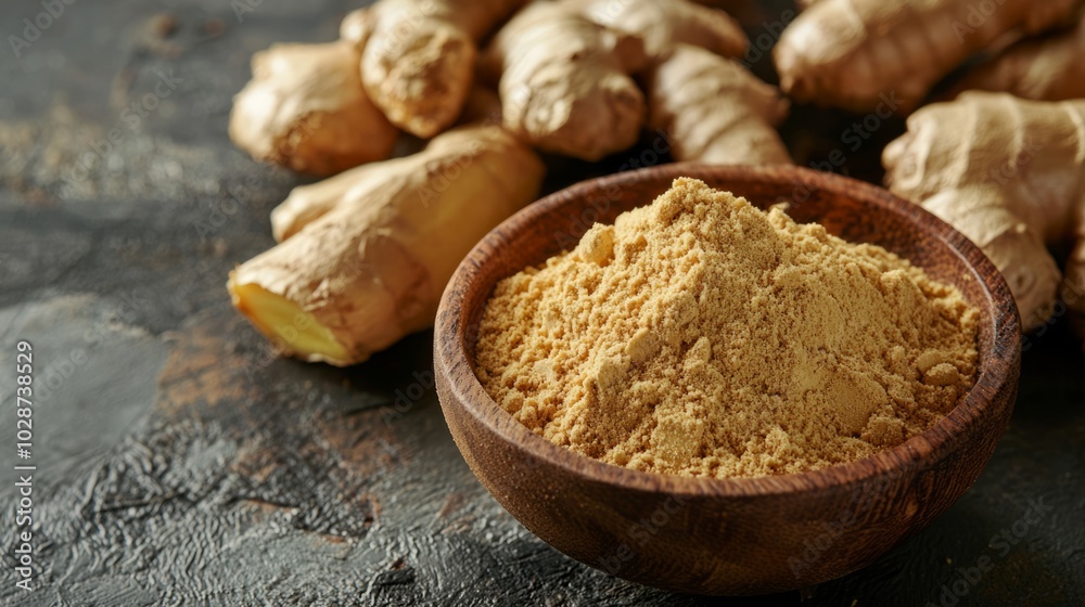 Fresh ginger root and ground ginger powder in wooden bowl. Fresh ginger root and ground ginger powder in wooden bowl.