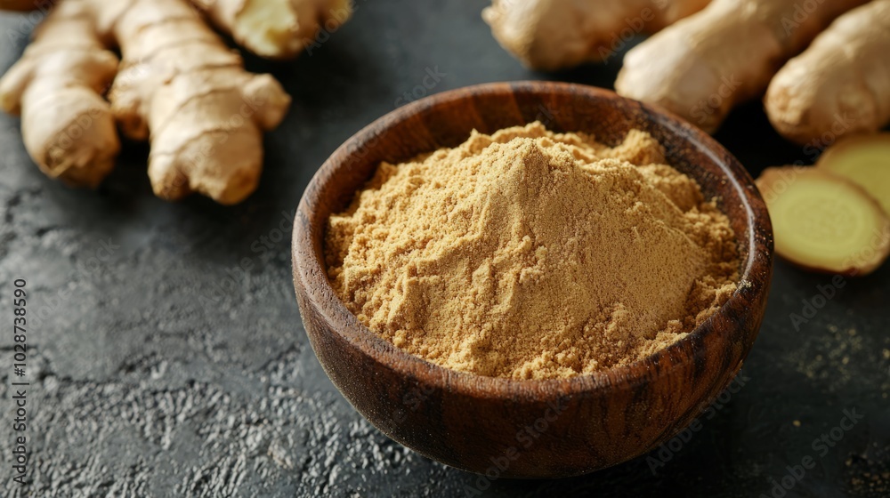 Fototapeta premium Fresh ginger root and ground ginger powder in wooden bowl.