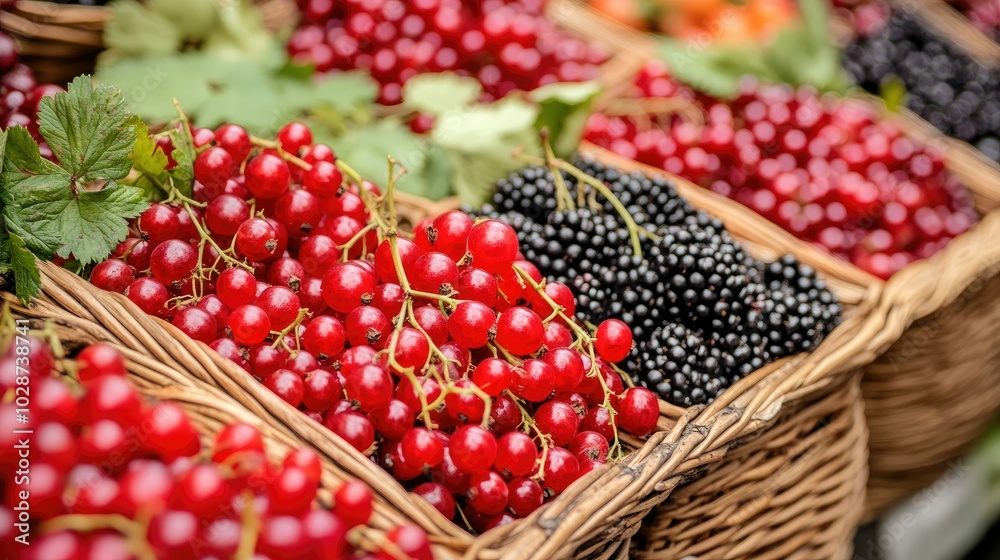 Fresh Red and Black Berries in Baskets at Market Fresh Red and Black Berries in Baskets at Market