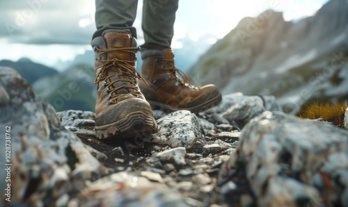 Hiking boots traversing a rocky mountain trail, rugged 4K hyperrealistic photo.