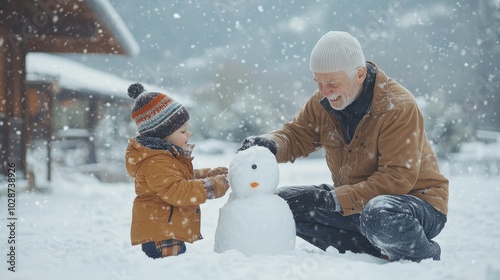 Senior man playing in the snow with his grandchild, making a snowman