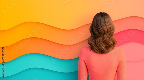 Woman admiring colorful wave-patterned wall design