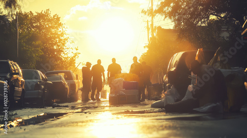 Silhouetted figures working together on a sunny street, with shopping bags and various items cluttering the pavement at sunset photo