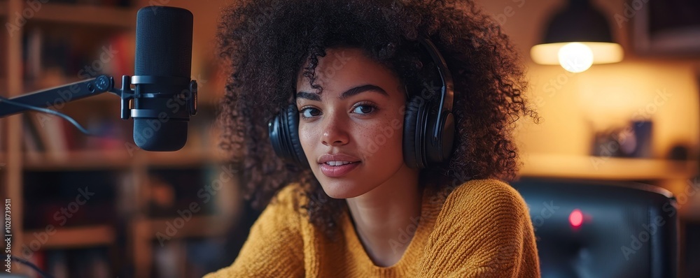 Female podcaster making audio podcast from her home studio, Generative AI