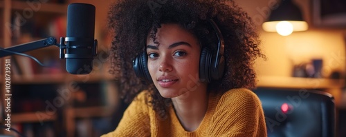 Obraz na płótnie Female podcaster making audio podcast from her home studio, Generative AI w salonie