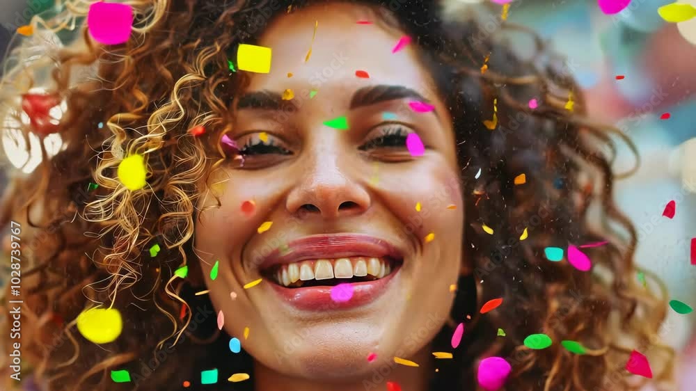A woman with curly hair laughs as confetti falls around her A woman with curly hair laughs as confetti falls around her
