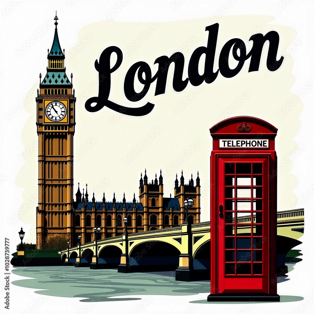 Obraz premium Artistic depiction of London's famous Big Ben and red telephone box by the Thames. Captures British heritage and culture. Perfect for travel, poster, or cultural themes.