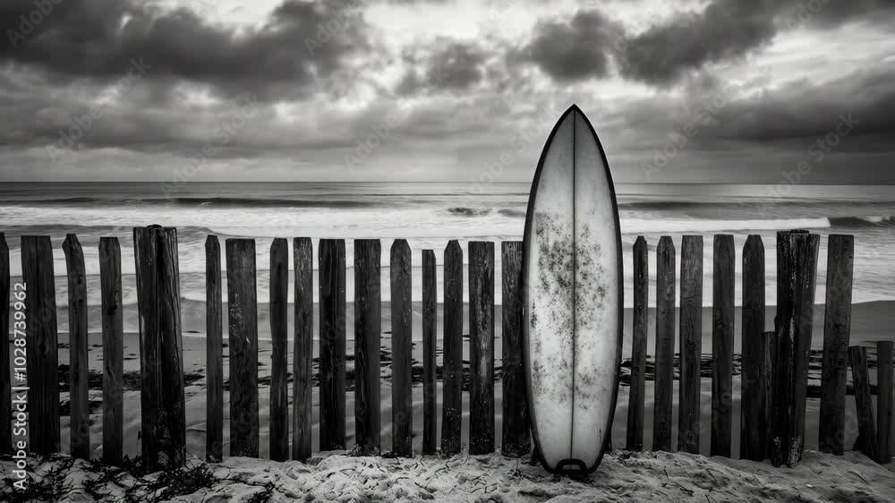 A surfboard leans against a wooden fence on a cloudy day at the beach ...