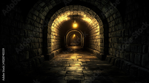 Dimly lit stone tunnel with arches and warm lighting.