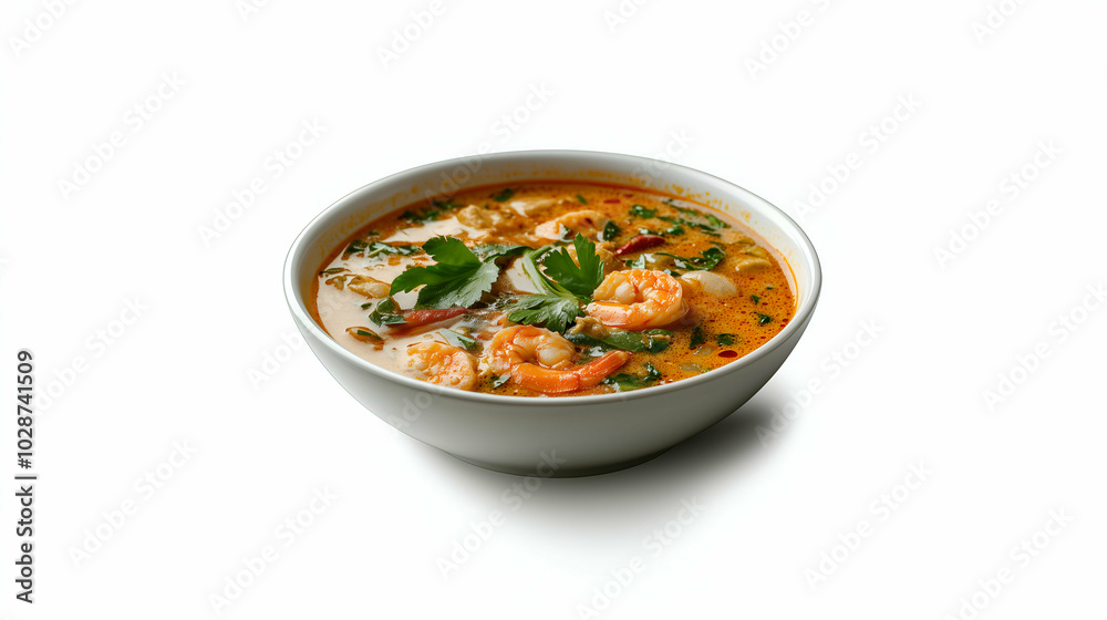 Spicy Shrimp Tom Yum Soup with Fresh Herbs - A bowl of spicy shrimp tom yum soup, rich with flavors from lemongrass, chili, and fresh herbs. Spicy Shrimp Tom Yum Soup with Fresh Herbs - A bowl of spicy shrimp tom yum soup, rich with flavors from lemongrass, chili, and fresh herbs.