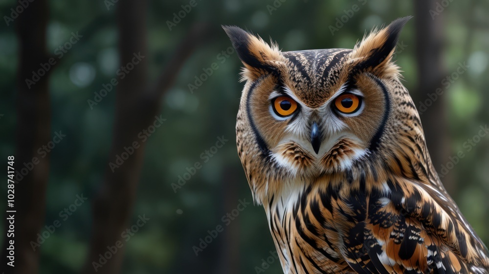 Fototapeta premium an owl with piercing yellow eyes and a captivating gaze. Its feathered face is framed by a halo of soft, brown feathers, and its distinctive ear tufts add to its regal appearance.