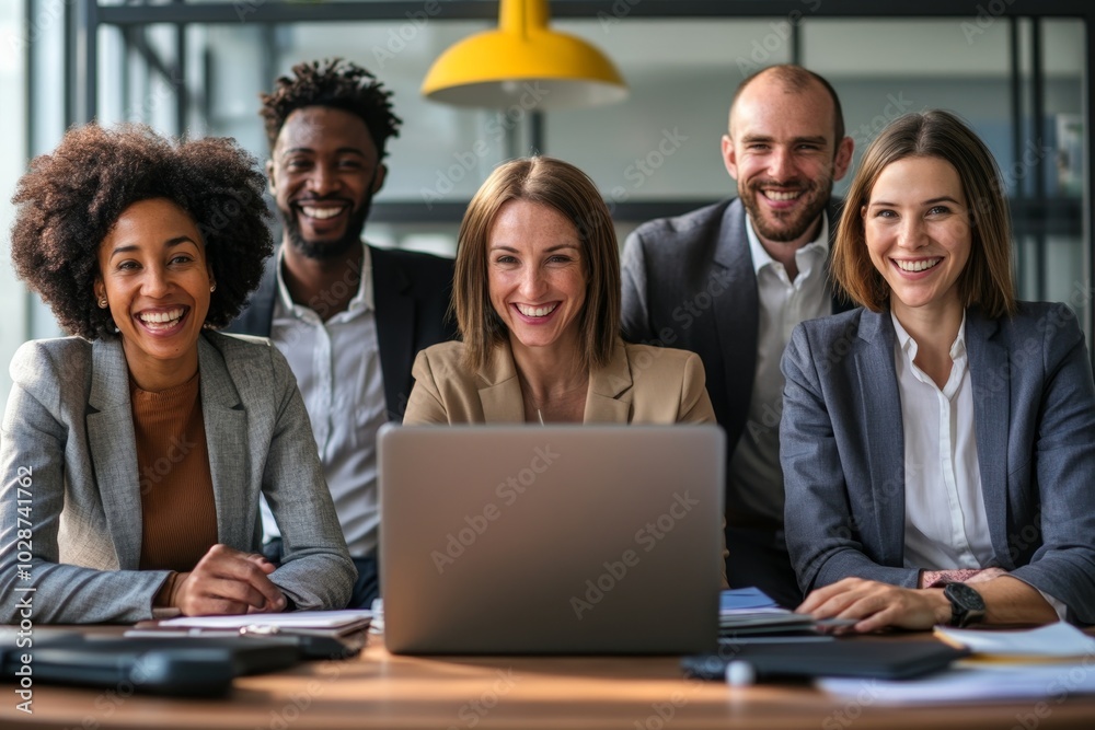 Cheerful businesspeople using a laptop in an office, Generative AI Cheerful businesspeople using a laptop in an office, Generative AI
