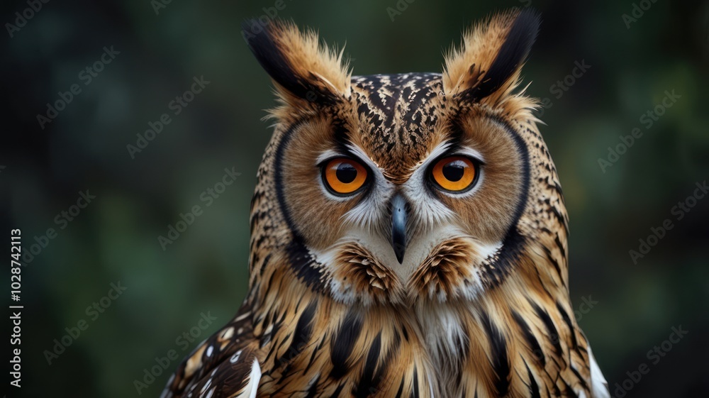 an owl with piercing yellow eyes and a captivating gaze. Its feathered face is framed by a halo of soft, brown feathers, and its distinctive ear tufts add to its regal appearance. an owl with piercing yellow eyes and a captivating gaze. Its feathered face is framed by a halo of soft, brown feathers, and its distinctive ear tufts add to its regal appearance.