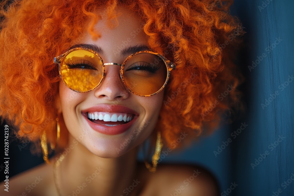 Obraz premium Woman with orange hair is smiling and wearing sunglasses. vibrant and fashionable woman with orange hair, wearing sunglasses and laughing heartily while posing for camera against dark blue background